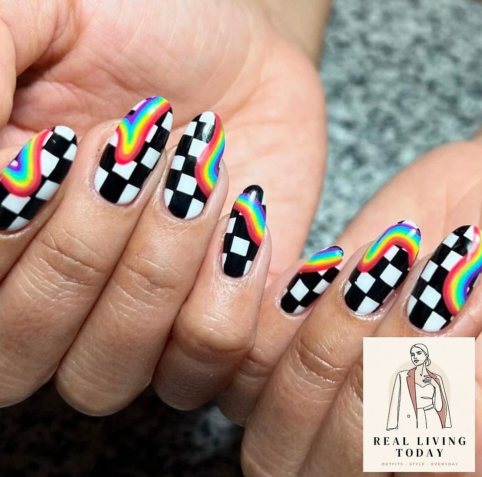 22 Rainbow Press On Nails Ideas That Are Going Viral on Pinterest 15 Rainbow Checkerboard Nails