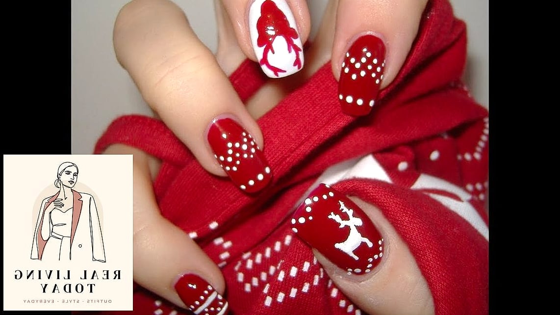 28 Holiday Press On Nails And Manicure Ideas Worth Bookmarking Right Now 14 Reindeer and Sweater Print Nails
