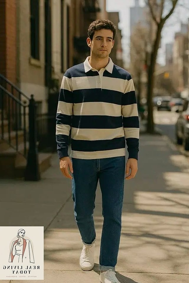 Rugby Shirt with Flare Jeans for a Retro Feel