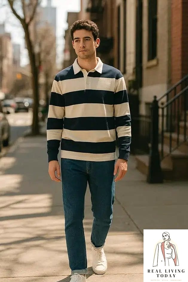 Rugby Shirt with Bootcut Jeans and Platform Sneakers