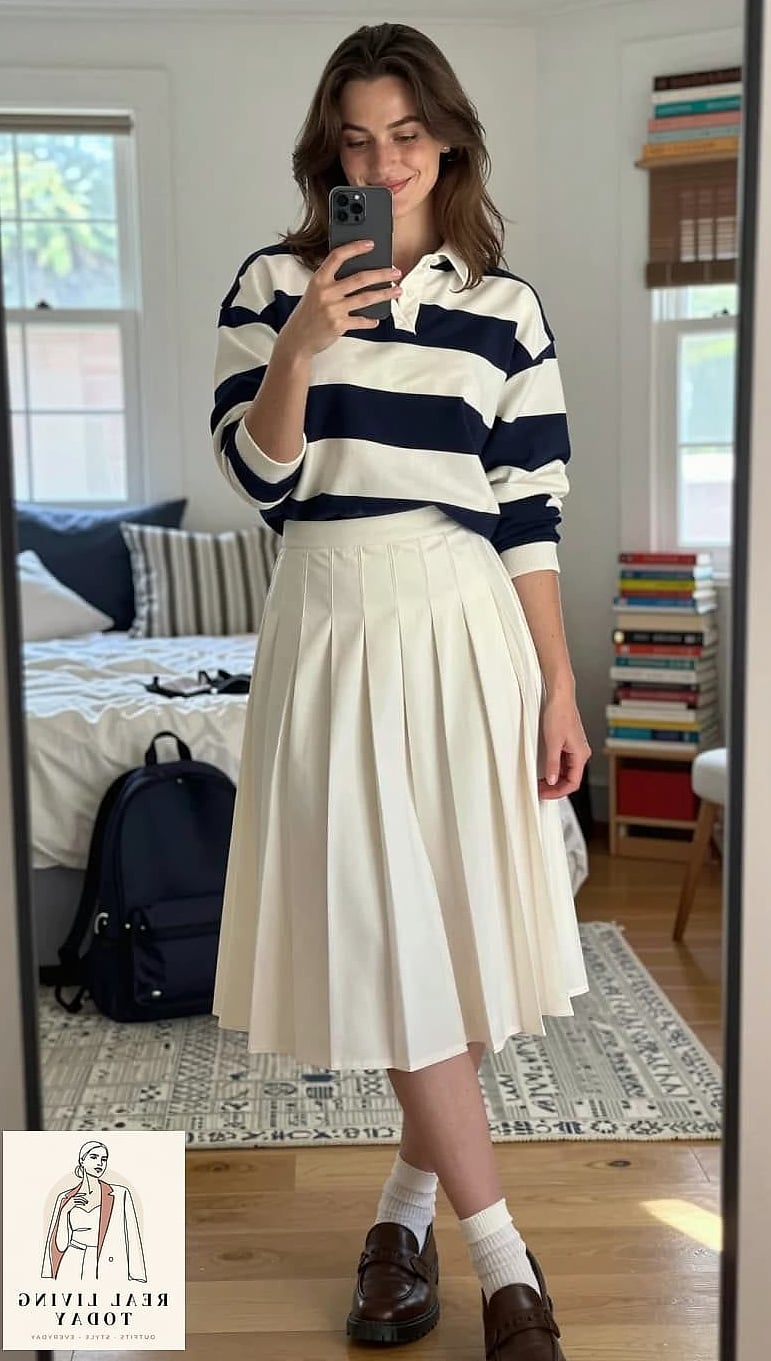 Rugby Shirt with a Pleated Skirt for a Preppy Look