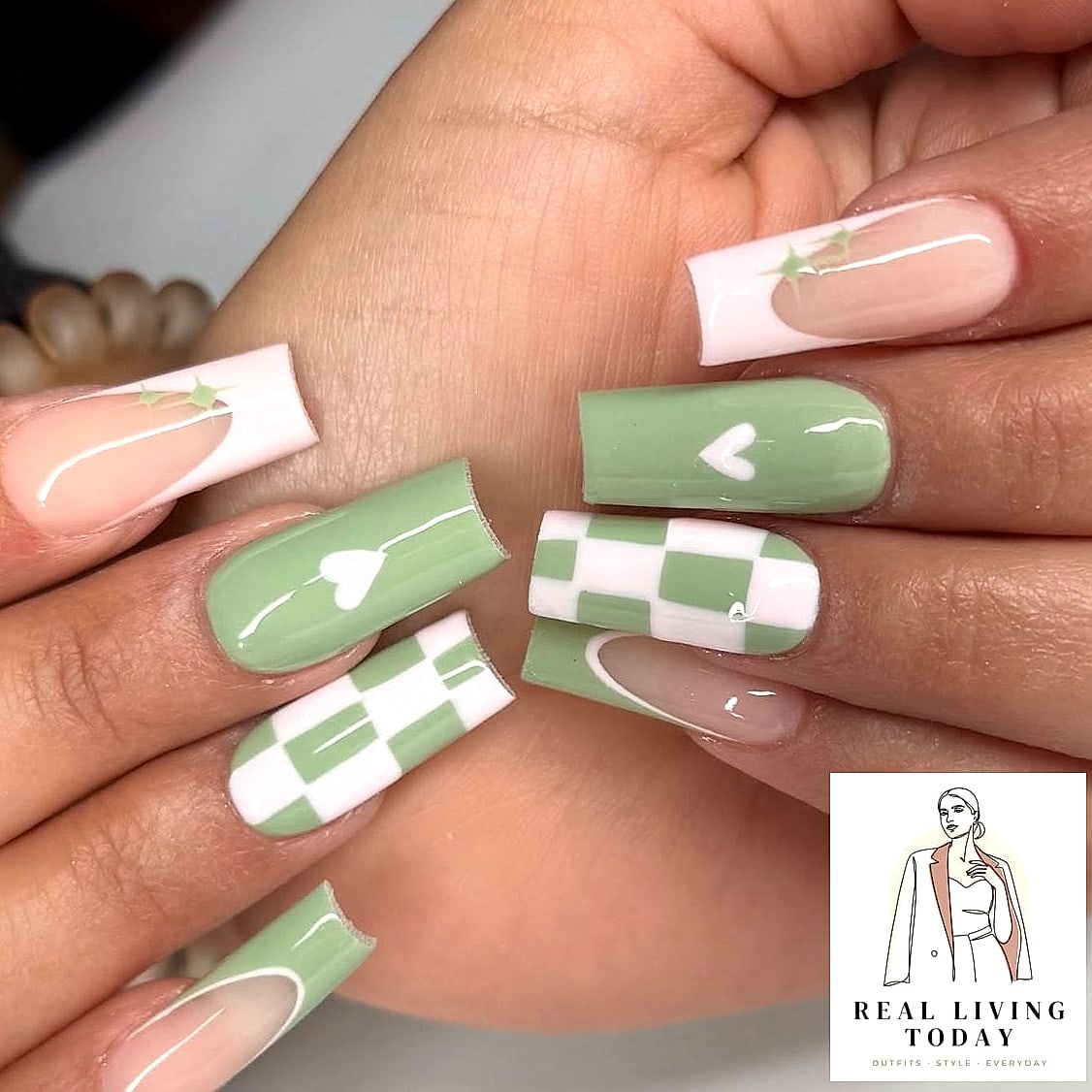 Sage Green Checkerboard Nails