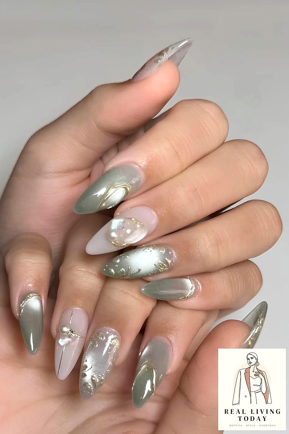 Sage Green Cat Eye Nails