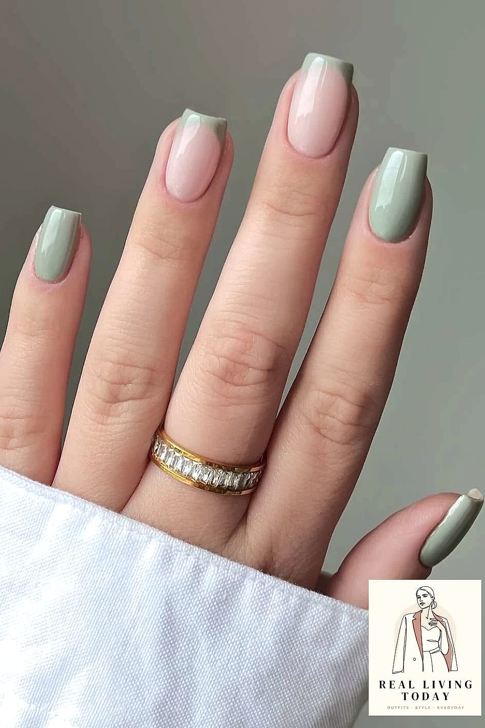 Sage Green and Cream Half Moon Nails