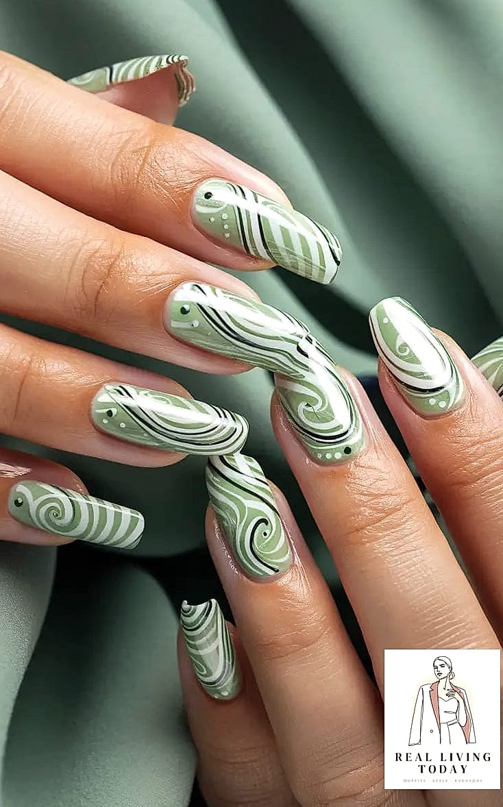 Sage and White Swirl Nails