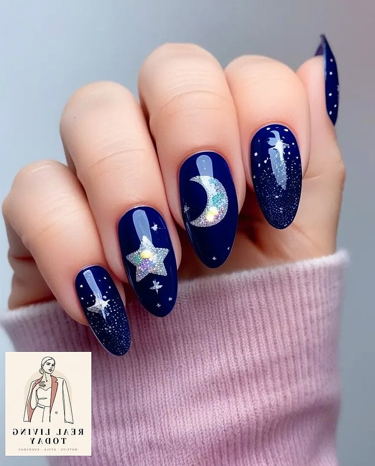 23 Blue Nail Ideas That Are Going Viral on Pinterest 24 Star and Moon Blue Nail Art