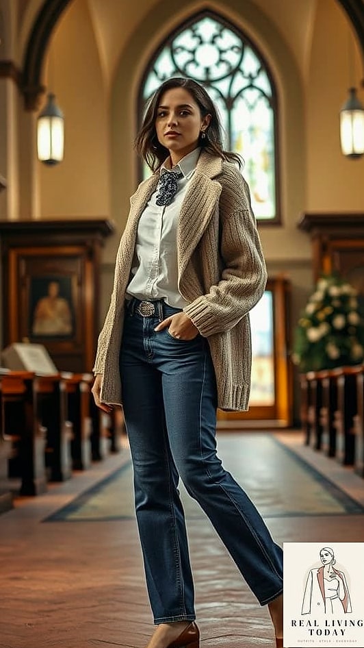 28 Church Outfit That Look Effortlessly Chic 6 Straight-Leg Jeans with a Silky Blouse