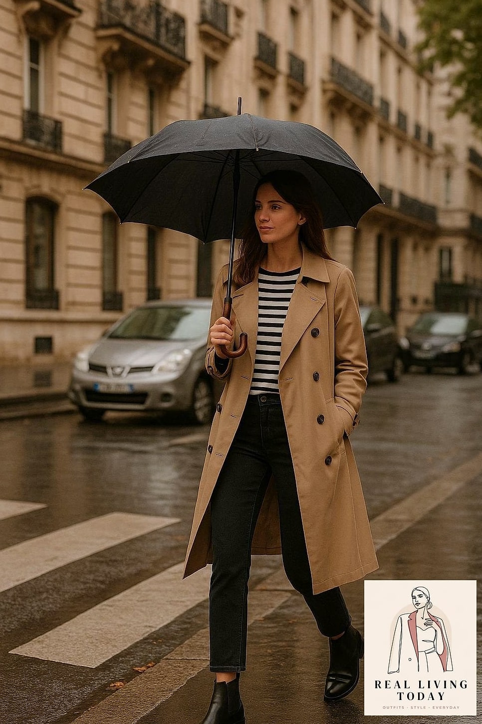 29 Rainy Day Outfit That Actually Look Amazing 24 Structured Raincoat with Trousers