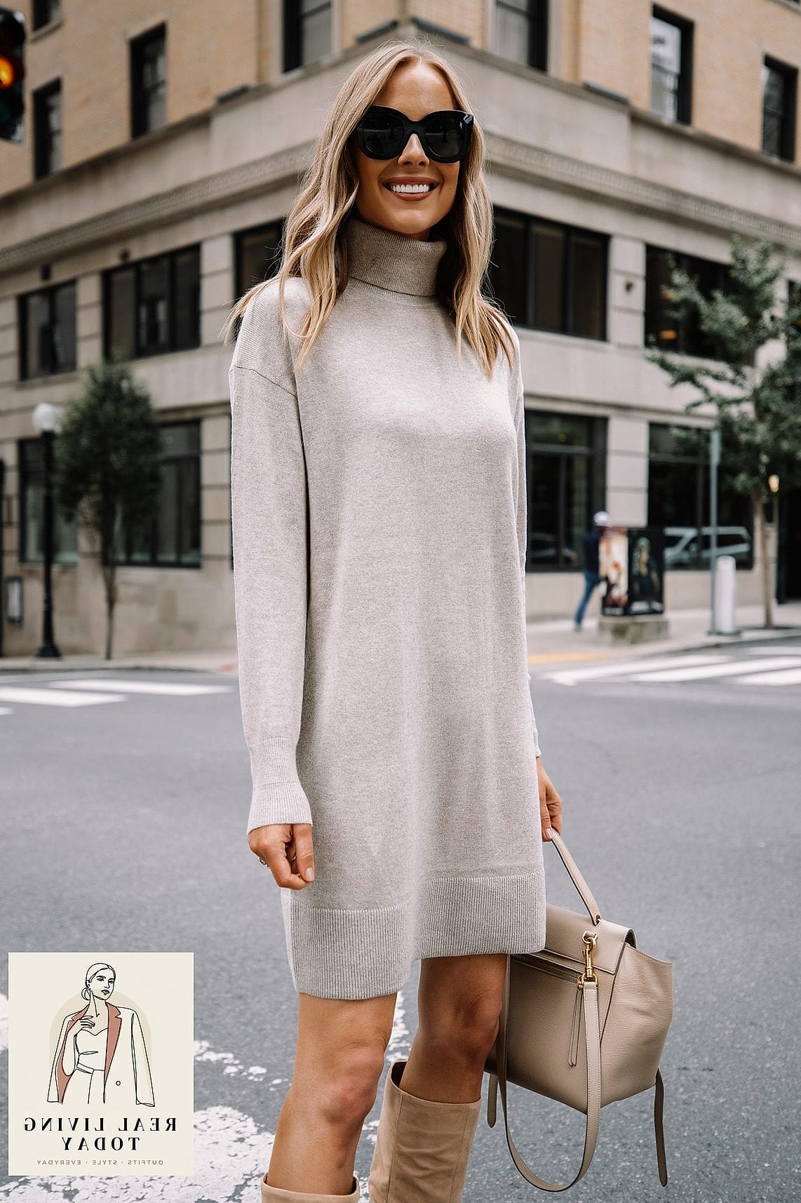25 Fall Business Outfit Ideas to Copy Right Now 8 The Sweater Dress and Boots Combo