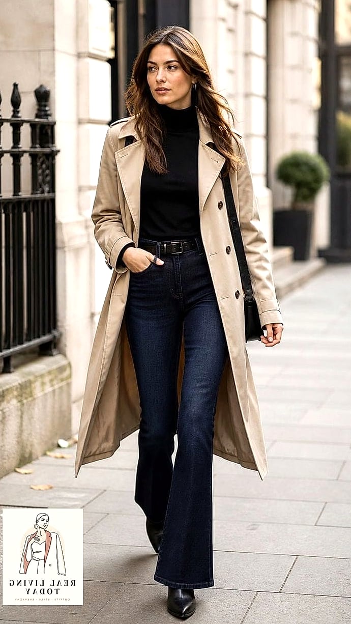 22 Trench Coat Outfit Worth Pinning Immediately 10 Trench Coat With Flare Jeans and Platform Boots