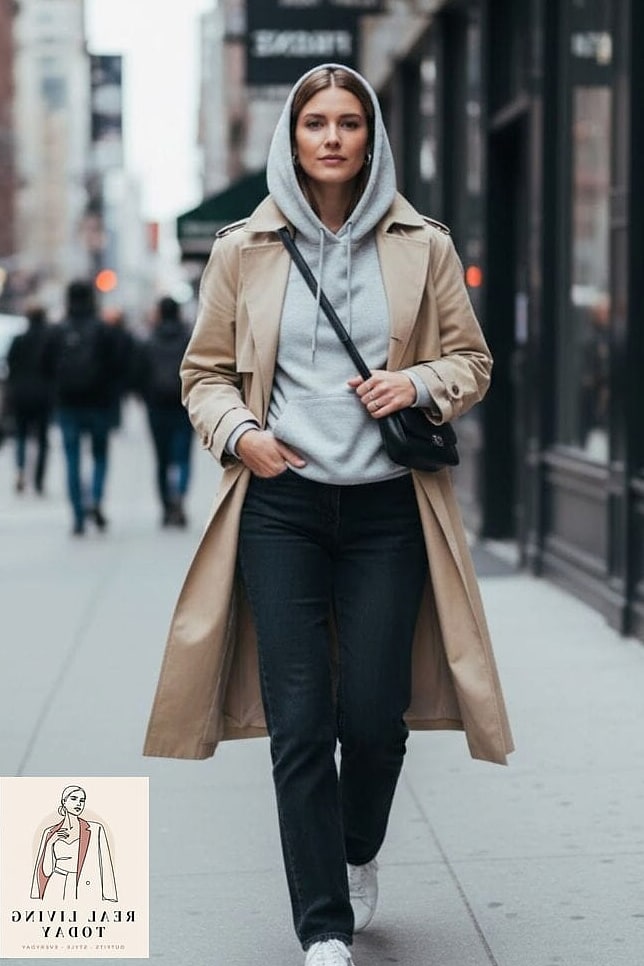 22 Trench Coat Outfit Worth Pinning Immediately 20 Trench Coat With Hoodie and Straight-Leg Jeans