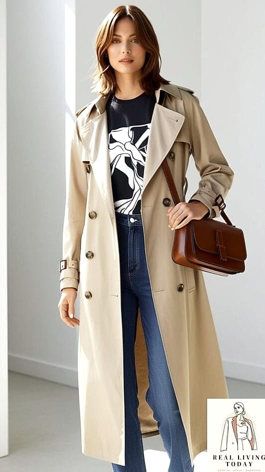 30 Millennial Mom Outfits That Are Seriously Stylish Right Now 8 The Trench Coat Over a Simple Dress