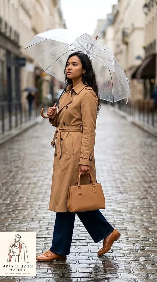 29 Rainy Day Outfit That Actually Look Amazing 2 The Trench Coat and Straight-Leg Jeans Combo