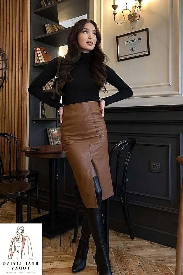 Turtleneck and Leather Skirt