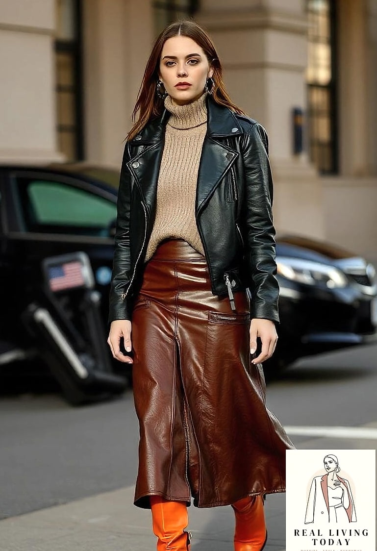 24 Leather Jacket Outfit You'll Want to Wear on Repeat 10 Turtleneck and Midi Skirt Under Leather
