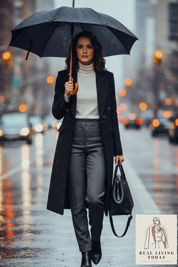 29 Rainy Day Outfit That Actually Look Amazing 17 Turtleneck and Pleated Midi Skirt
