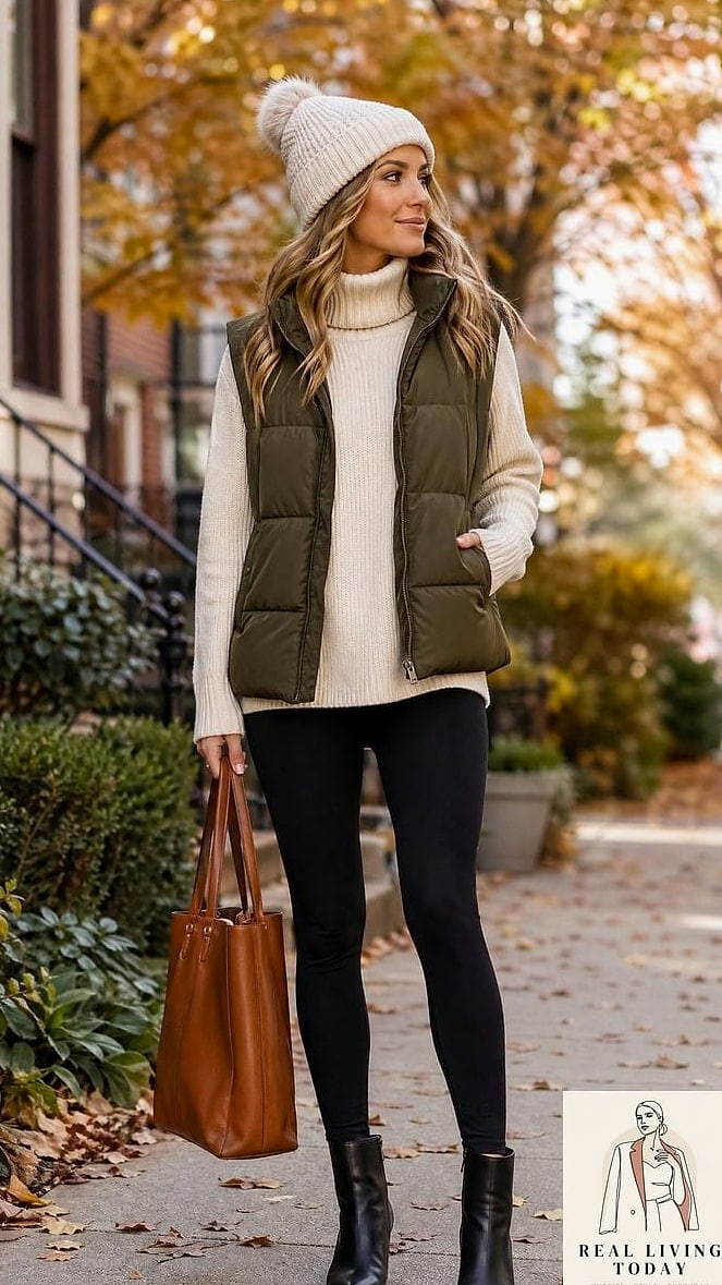 30 Leggings Outfit Fall to Copy Right Now 30 The Vest and Turtleneck Combo