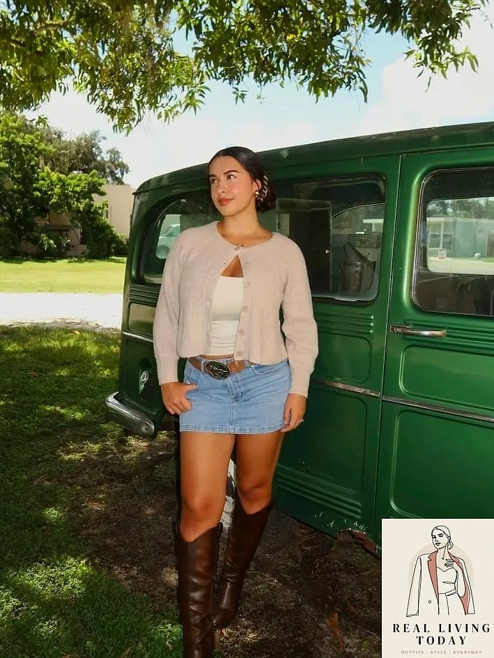 28 Denim Mini Skirt Outfit Worth Pinning Immediately 22 Wide Cardigan and Tall Boots