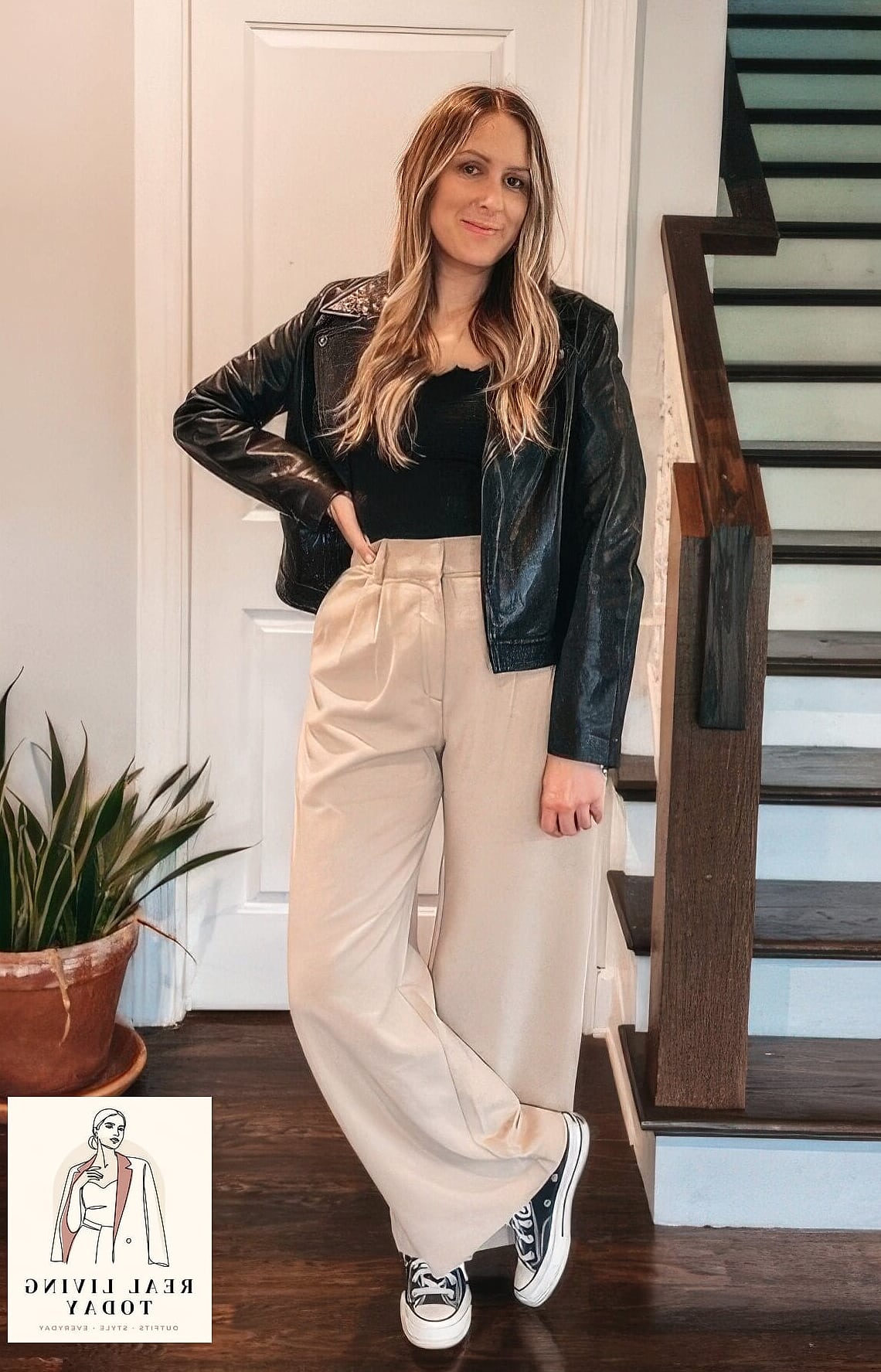 24 Leather Jacket Outfit You'll Want to Wear on Repeat 5 Wide-Leg Trousers and a Corset Top