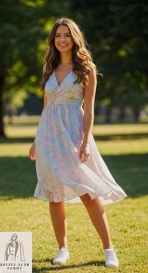 25 Ballet Sneakers Outfit That Will Elevate Any Wardrobe 14 Wrap Dress with a Denim Jacket