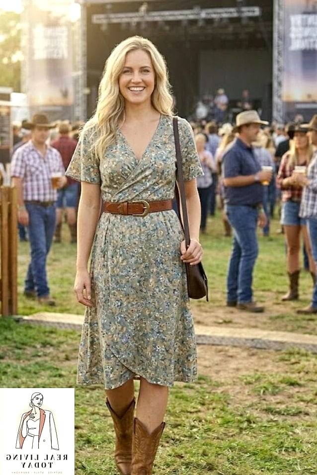 25 Country Concert Outfit Ideas That Are Stylish, Fun and Totally Western 11 Wrap Dress with a Denim Jacket