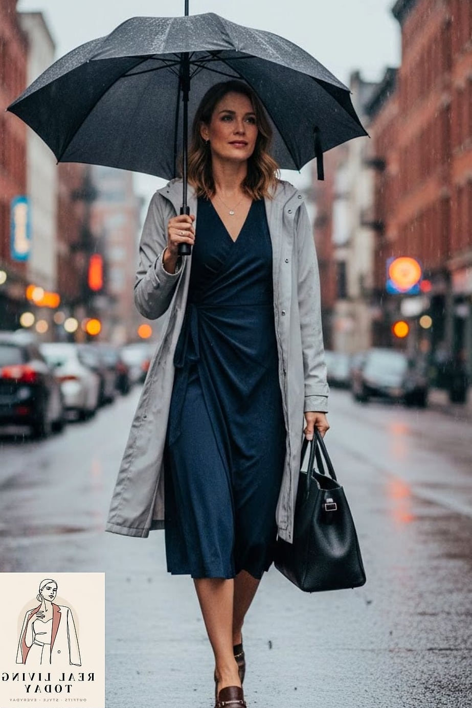 29 Rainy Day Outfit That Actually Look Amazing 9 Wrap Dress with Knee-High Boots